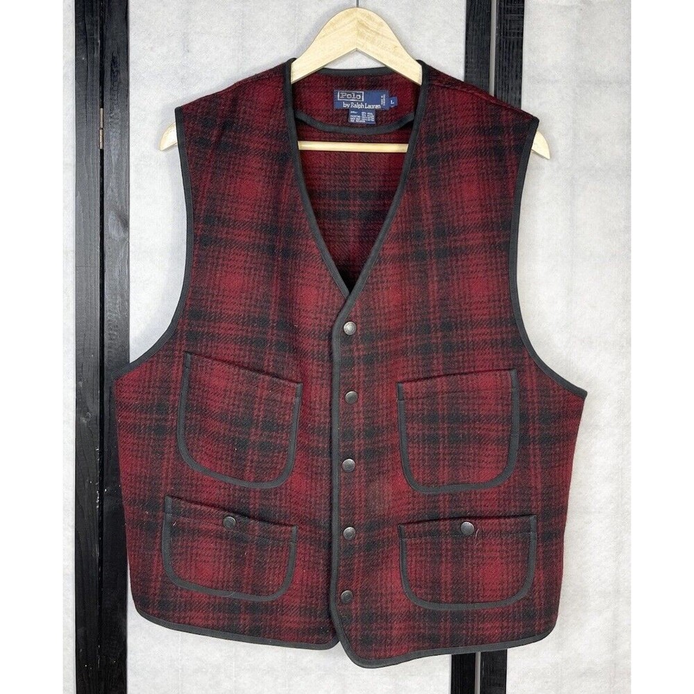Vintage polo RALPH LAUREN DOUBLE POCKET WOOL PLAID VEST. Size: L